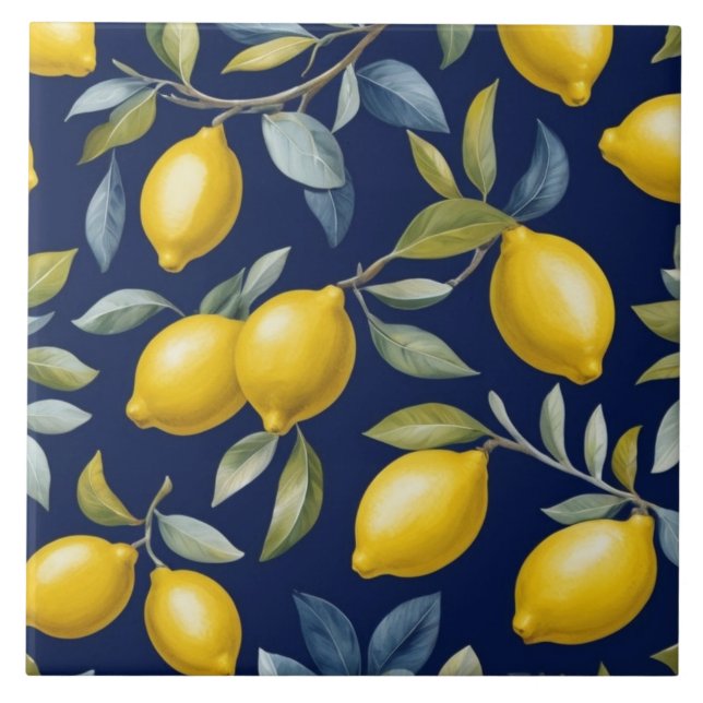Lemon Pattern on Dark Navy Blue Ceramic Tile (Front)