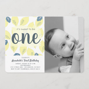 Lemon Pattern Photo 1st Birthday Party Invitation