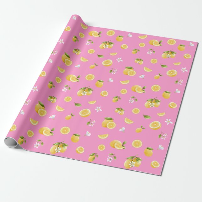 Lemon Pattern Pink Wrapping Paper (Unrolled)