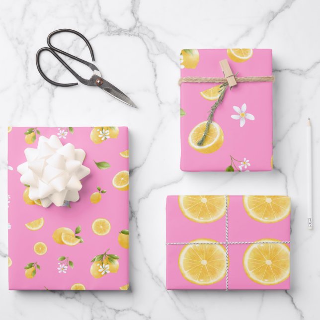 Lemon Pattern Pink Wrapping Paper Sheets (Front)