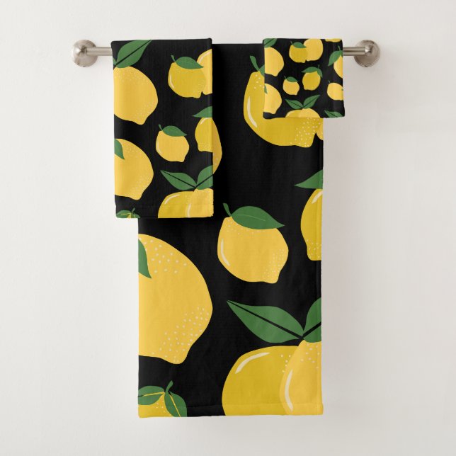 Lemon Pattern Retro Fruit Yellow On Black Bath Towel Set (Insitu)
