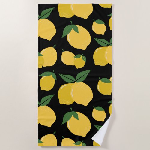 Lemon Pattern Retro Fruit Yellow On Black Beach Towel