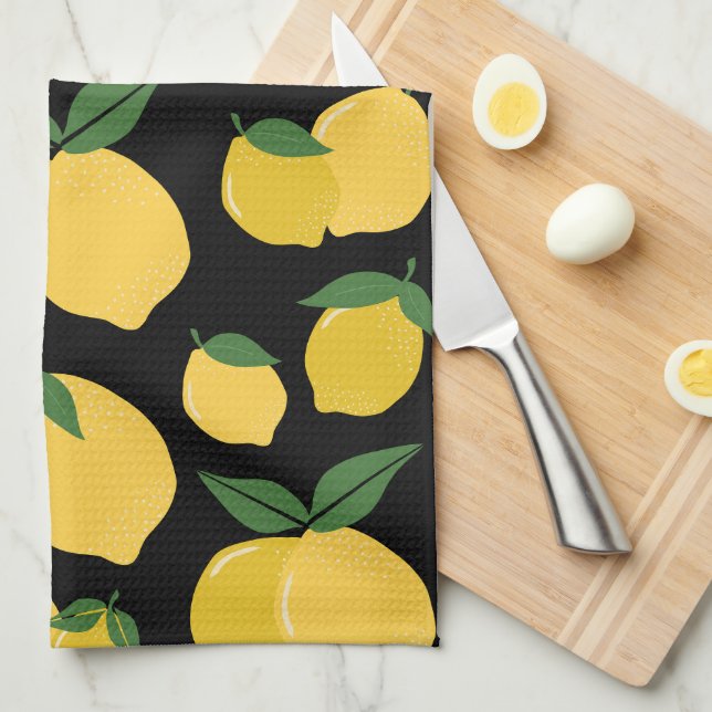 Lemon Pattern Retro Fruit Yellow On Black Kitchen Towel (Quarter Fold)