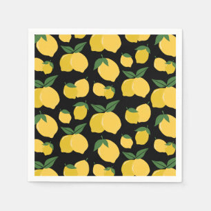 Lemon Pattern Retro Fruit Yellow On Black Napkins