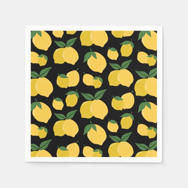 Lemon Pattern Retro Fruit Yellow On Black Napkins (Front)