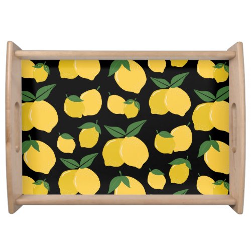 Lemon Pattern Retro Fruit Yellow On Black Serving Tray