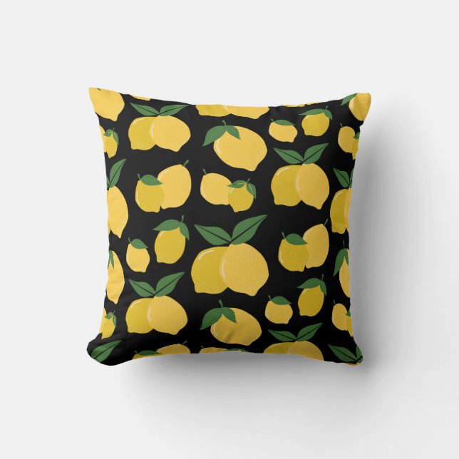 Lemon Pattern Retro Fruit Yellow On Black Throw Pillow (Front)