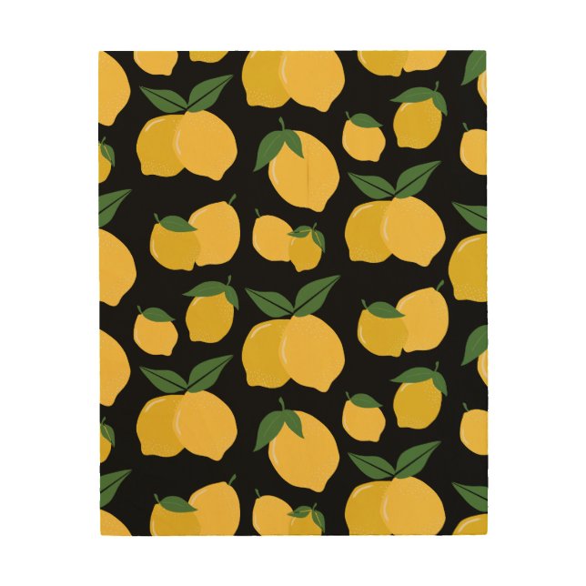 Lemon Pattern Retro Fruit Yellow On Black Wood Wall Art (Front)