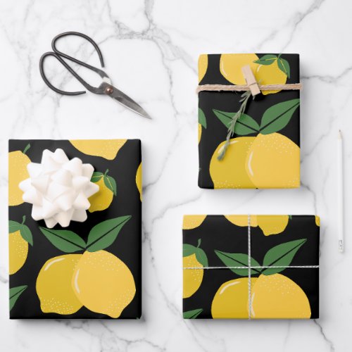 Lemon Pattern Retro Fruit Yellow On Black Wrapping Paper Sheets