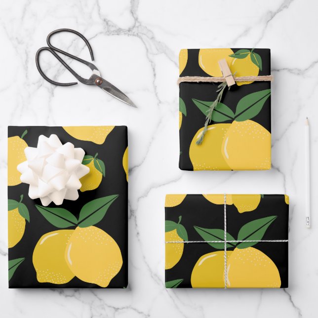 Lemon Pattern Retro Fruit Yellow On Black Wrapping Paper Sheets (Front)