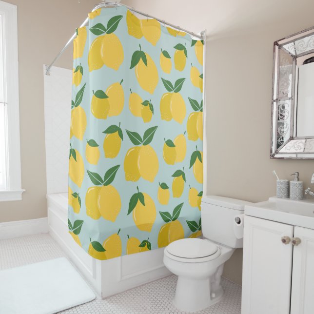Lemon Pattern Retro Fruit Yellow On Green Shower Curtain (In Situ)