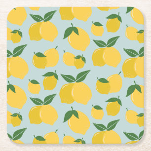 Lemon Pattern Retro Fruit Yellow On Green Square Paper Coaster