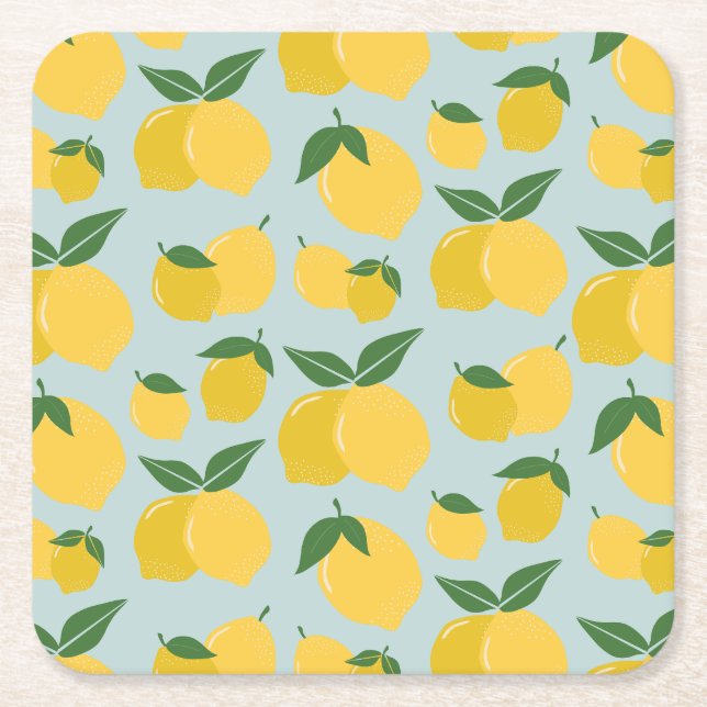 Lemon Pattern Retro Fruit Yellow On Green Square Paper Coaster (Front)