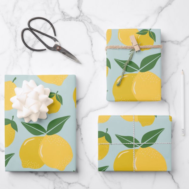 Lemon Pattern Retro Fruit Yellow On Green Wrapping Paper Sheets (Front)
