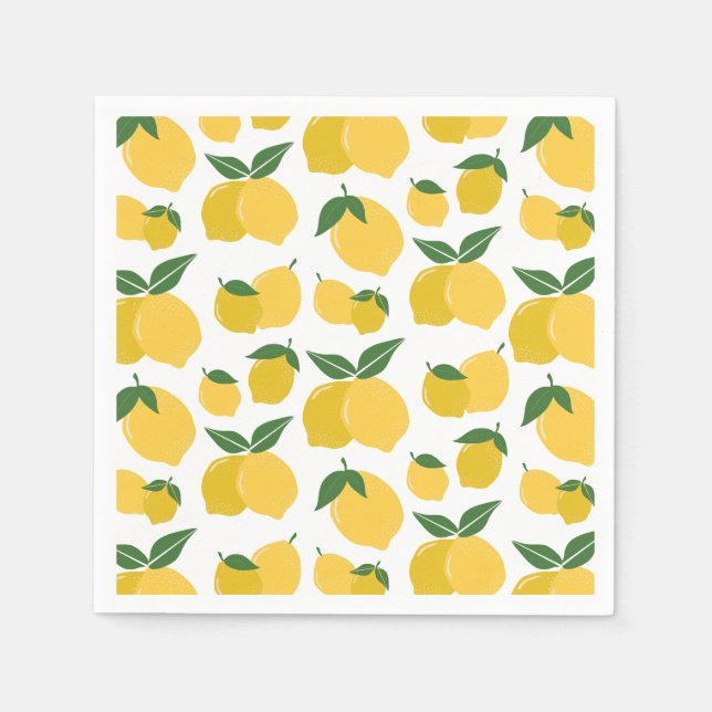 Lemon Pattern Retro Fruit Yellow On White Napkins (Front)