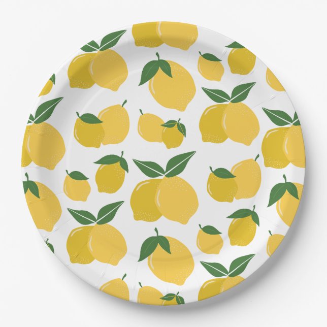 Lemon Pattern Retro Fruit Yellow On White Paper Plates (Front)