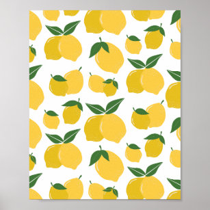 Lemon Pattern Retro Fruit Yellow On White Poster