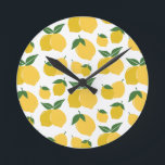 Lemon Pattern Retro Fruit Yellow On White Round Clock<br><div class="desc">Retro Fruit Print - Lemon Pattern – Yellow on White.</div>