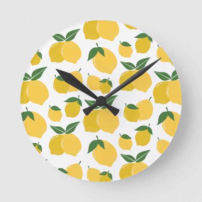 Lemon Pattern Retro Fruit Yellow On White Round Clock (Front)