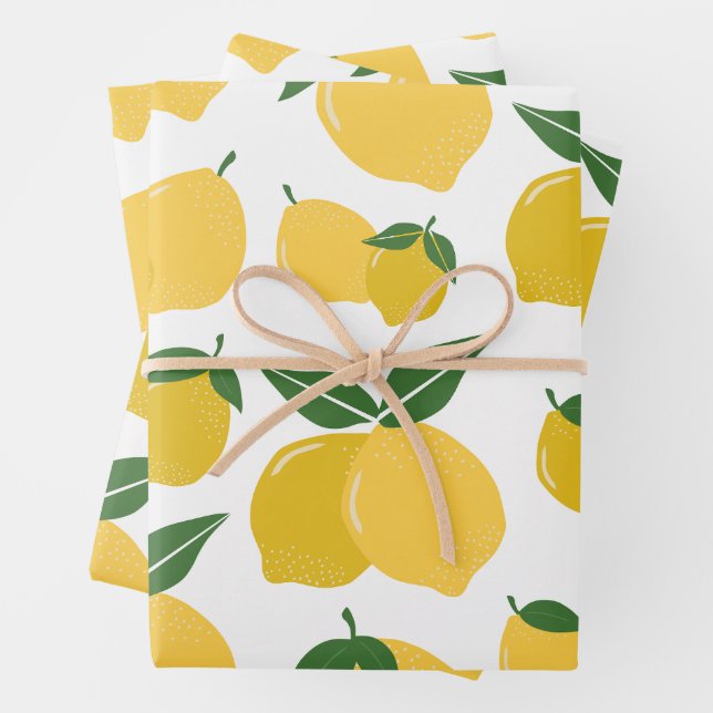 Lemon Pattern Retro Fruit Yellow On White Wrapping Paper Sheets (In situ)