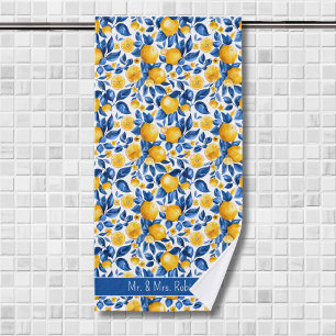 Lemon Pattern Tropical Fruit Custom Couple Name Bath Towel