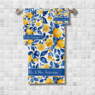 Lemon Pattern Tropical Fruit Custom Couple Name Bath Towel Set