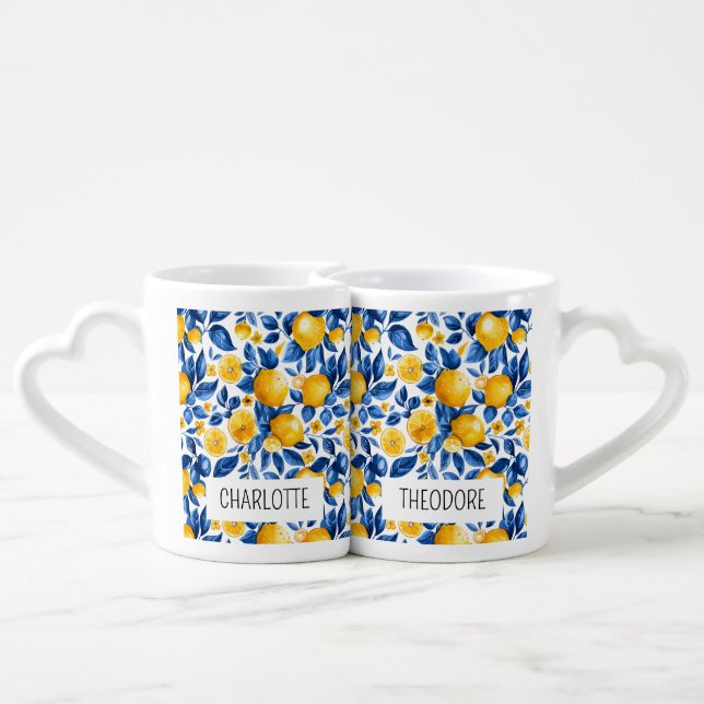 Lemon Pattern Tropical Fruit Custom Couple Name Coffee Mug Set (Back Nesting)