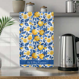Lemon Pattern Tropical Fruit Custom Couple Name Kitchen Towel