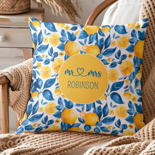 Lemon Pattern Tropical Fruit Custom Couple Name Throw Pillow