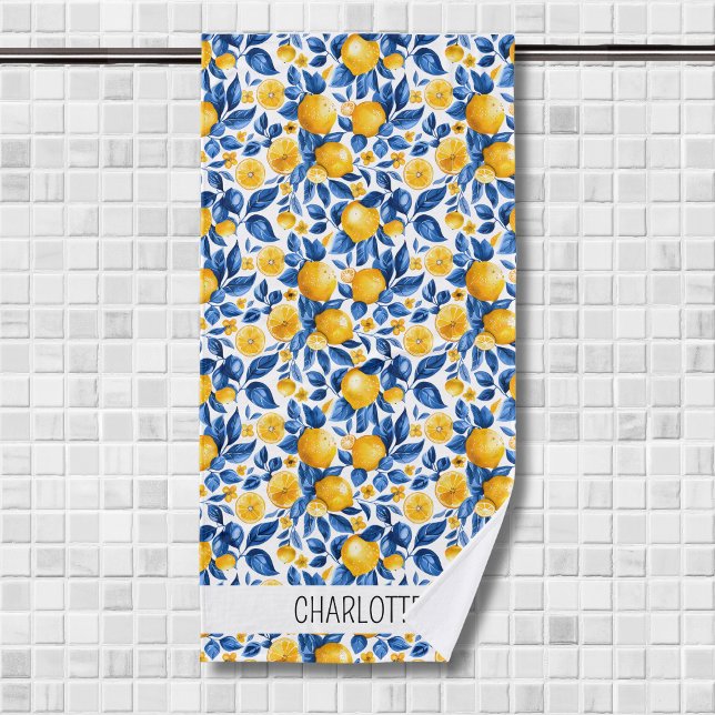 Lemon Pattern Tropical Fruit Personalized Name Bath Towel (Creator Uploaded)