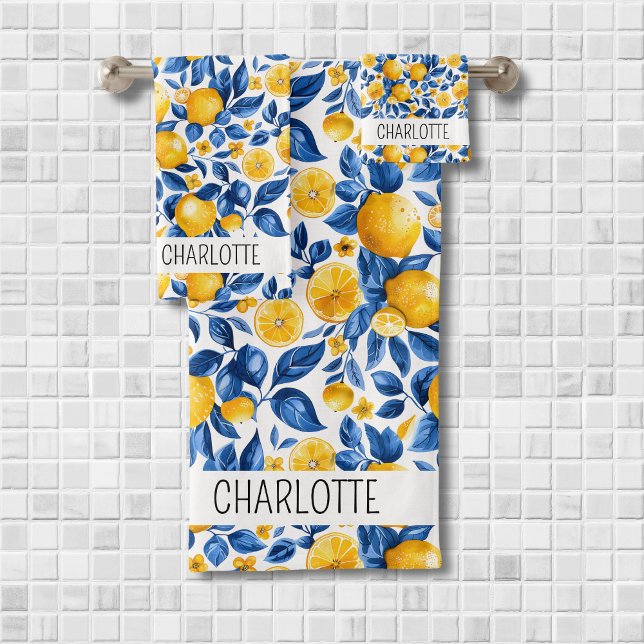 Lemon Pattern Tropical Fruit Personalized Name Bath Towel Set (Creator Uploaded)