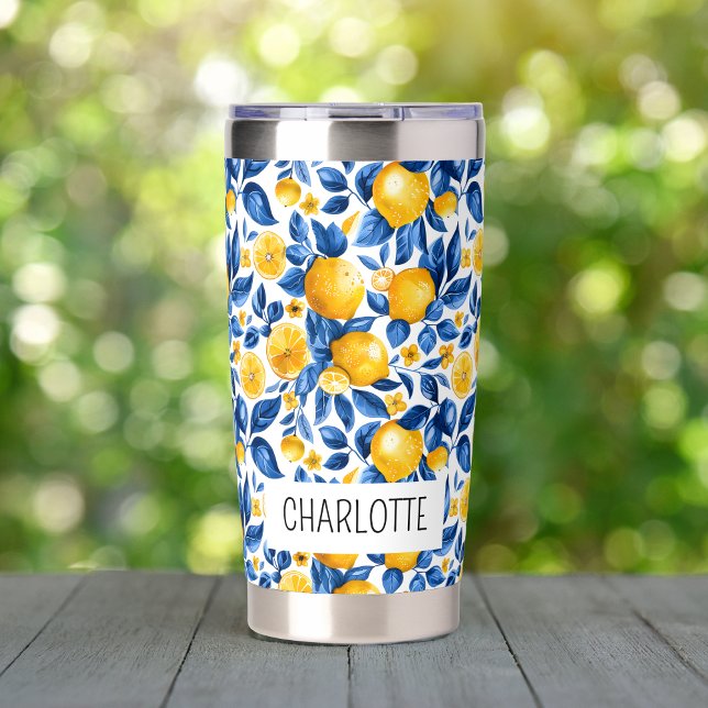 Lemon Pattern Tropical Fruit Personalized Name Insulated Tumbler (Creator Uploaded)