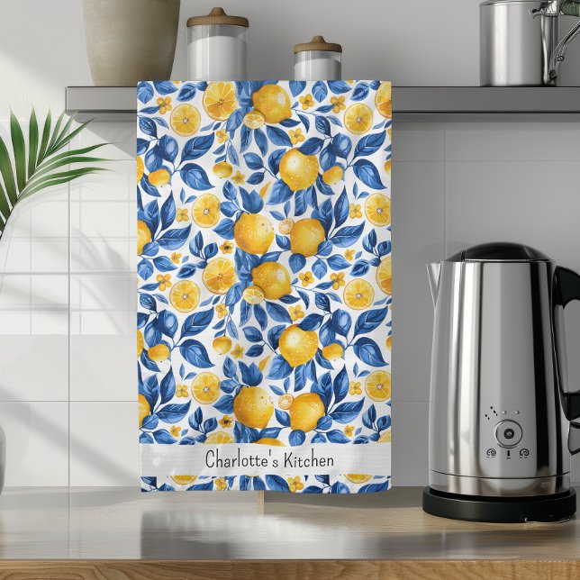 Lemon Pattern Tropical Fruit Personalized Name Kitchen Towel (Creator Uploaded)