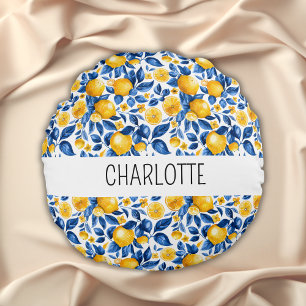 Lemon Pattern Tropical Fruit Personalized Name Round Pillow