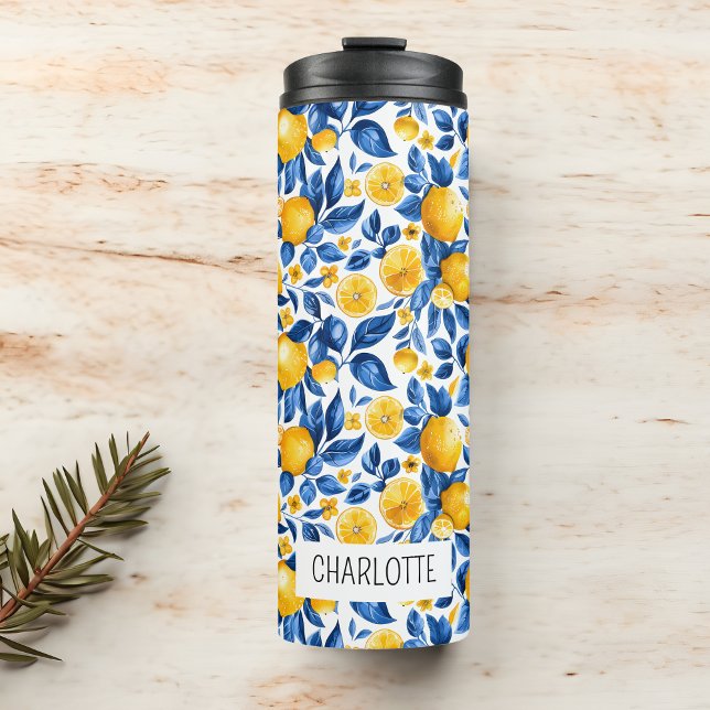 Lemon Pattern Tropical Fruit Personalized Name Thermal Tumbler (Creator Uploaded)