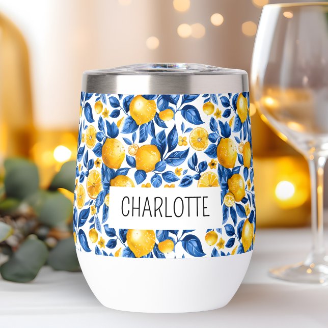 Lemon Pattern Tropical Fruit Personalized Name Thermal Wine Tumbler (Creator Uploaded)