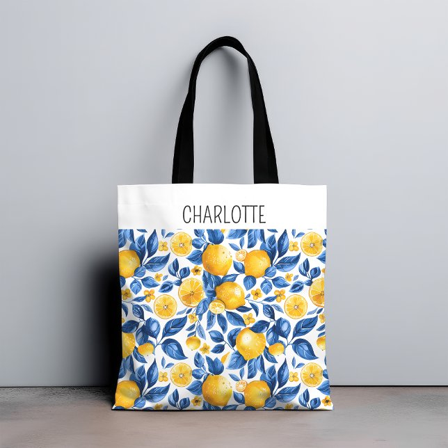 Lemon Pattern Tropical Fruit Personalized Name Tote Bag (Creator Uploaded)