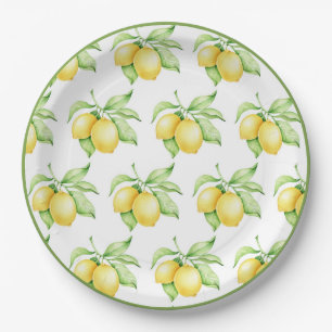 Lemon Pattern Watercolor Simple Green Trim Paper Plates