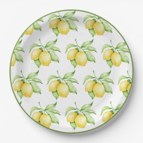 Lemon Pattern Watercolor Simple Green Trim Paper Plates