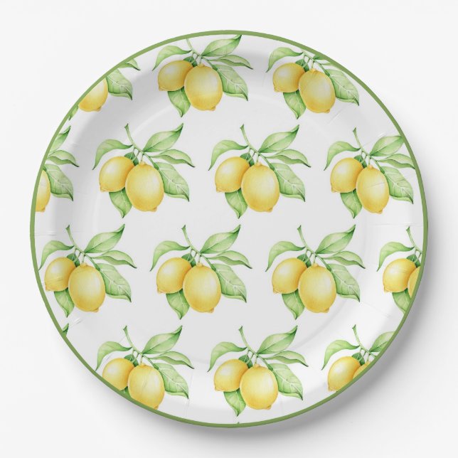 Lemon Pattern Watercolor Simple Green Trim Paper Plates (Front)