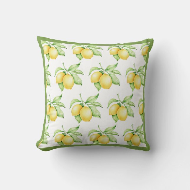 Lemon Pattern Watercolor Simple Green Trim Throw Pillow (Front)