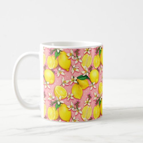 Lemon Pattern White Blossoms on Pink Coffee Mug