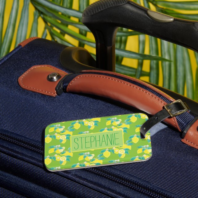 Lemon pattern with name green lime luggage tag (Front Insitu 3)