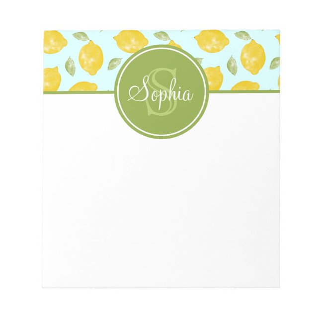 Lemon Pattern Yellow Green and Blue Monogram Notepad (Front)
