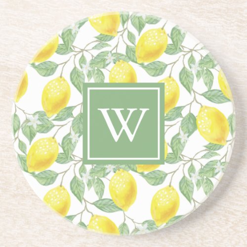 Lemon Pattern Yellow Green Monogram Coaster