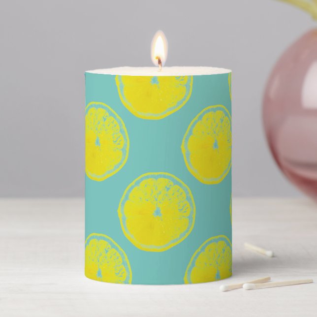 Lemon Pattern Yellow Teal Green Love 4Annie Pillar Candle (In Situ)
