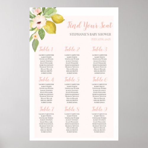 Lemon pink Baby Shower Girl Seating Chart