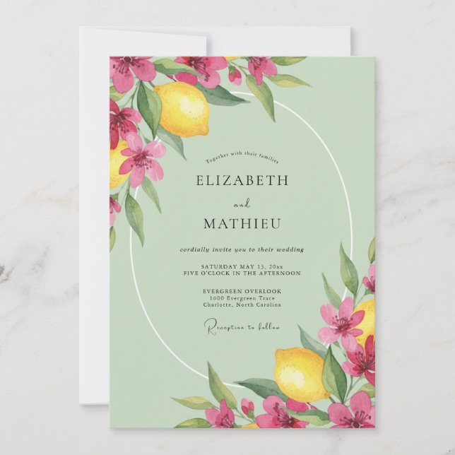 Lemon Pink Blossom Wedding Invitation (Front)