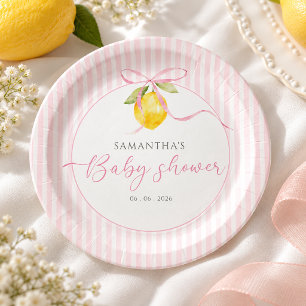 Lemon pink bow coquette baby girl shower paper plates