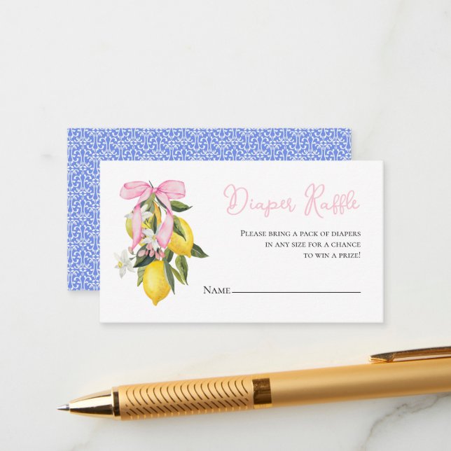 Lemon Pink Bow coquette baby shower Diaper Raffle Enclosure Card (Front/Back In Situ)